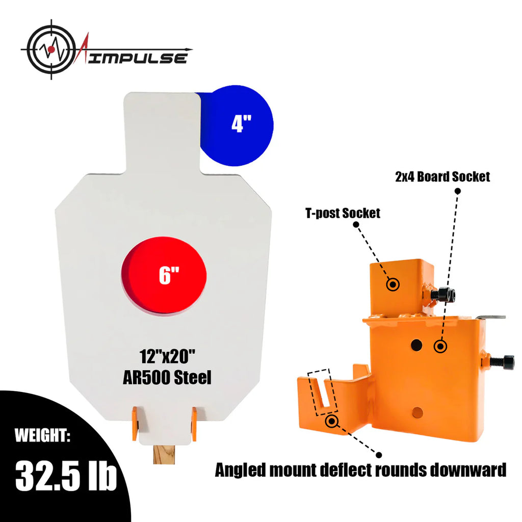 AIMPULSE 12" x 20" x 3/8" AR500 Steel Bullseye Hostage Target – Includes 2x4 T-Post Mounting Bracket