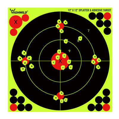 12X12 Inch Splatter Adhesive Bullseye Fluorescent Yellow Shooting Target Stickers-25PK